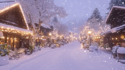 Snowy, lit winter village street