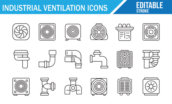 Industrial ventilation icons set with fans ducts and hvac system vector illustration