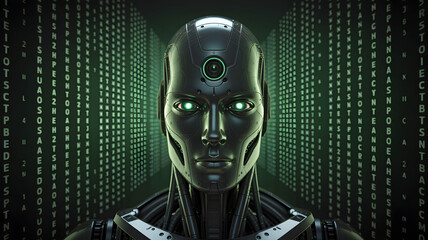 Close up of a robot with glowing green eyes in front of a matrix style code background image ai art
