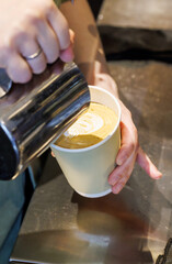 Barista crafting cappuccino with latte art