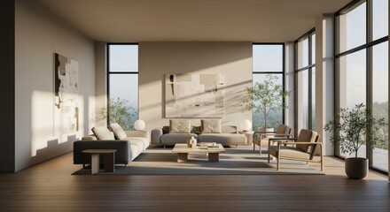 Elegant and spacious contemporary living room interior featuring minimalist furniture, bathed in soft natural sunlight from large windows