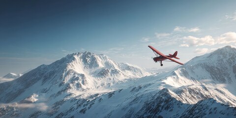 Red Airplane Flying Over Snow-Capped Mountains