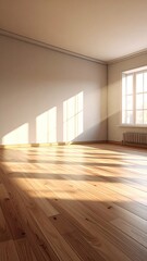 Obraz premium Empty room bathed in warm sunlight. Sunlight streams through windows, casting shadows on light-colored hardwood floors. A pale beige wall occupies the background. A classic style