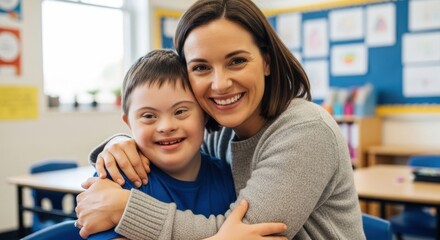 Heartwarming moment: teacher and child with down syndrome embrace in classroom setting