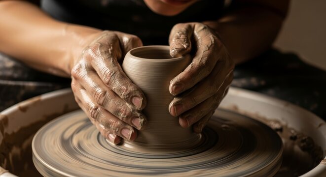 Close-up of a craftsman's hands skillfully shaping a piece of pottery from wet clay on a spinning wheel