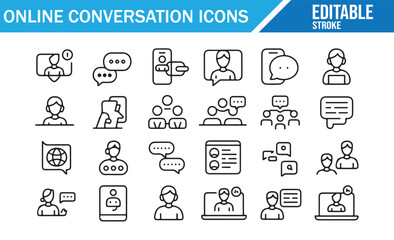 Digital technology online conference and chat icons vector line artwork