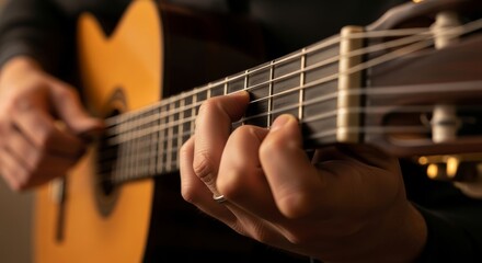 Close-up of a musician's hands passionately playing a chord on the fretboard of a classical acoustic guitar, capturing the essence of musical creation