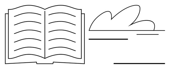 Open book paired with cloud and horizontal lines representing learning, imagination, innovation, communication, education, storytelling, and design. Ideal for creative learning concepts and simple
