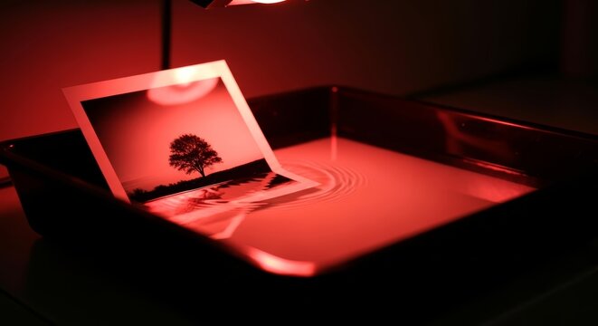 Creative process of developing a photographic print of a landscape with a lone tree in a traditional darkroom under a red safelight