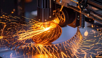 Automated laser machine cutting metal with intense sparks and precision.