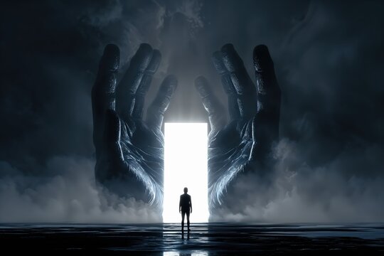 Un hombre de pie frente a una abertura luminosa protegida por manos gigantes.