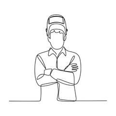 Continuous one line Art drawing of young male welder wearing mask posing crossed arms on chest. Professional job profession minimalist concept. with white background