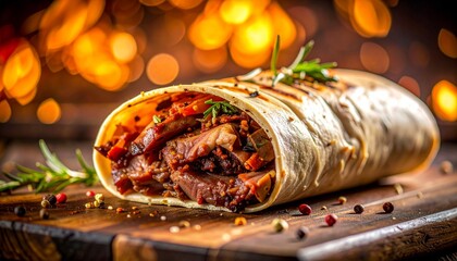 Appetizing grilled meat burrito, garnished with herbs and spices, warm bokeh.