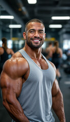 Fototapeta premium Male bodybuilder in gym, smiling, with blurred workout background