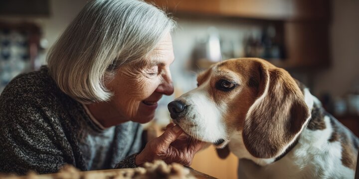 Senior Woman Feeding Beagle Dog at Home in Cozy Setting