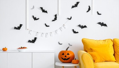 Stylish Halloween home decor featuring bats, carved pumpkin, and treats.