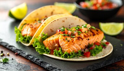 Delicious grilled salmon tacos with fresh salsa, lettuce, and lime.