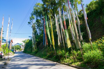 Fototapeta premium Buddist prayer flags for the departed souls, waving at Rinchenpong Monastery, Sikkim, India