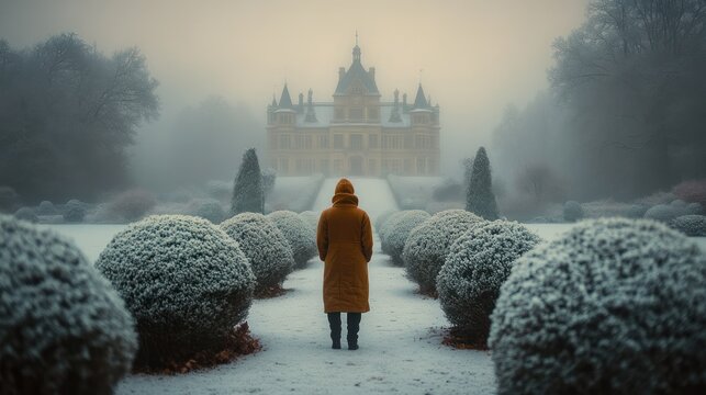 Solitary figure in winter wonderland, approaching majestic castle