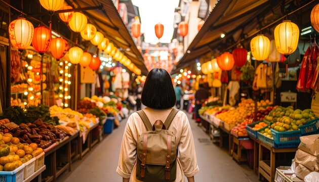 Asian Market Street Scene with Woman Traveler.