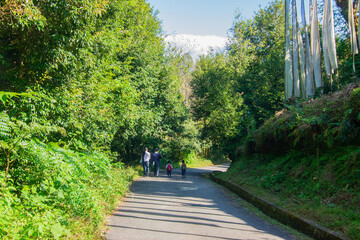 School children walking down the road to Rinchenpong Monastery, Sikkim, India.