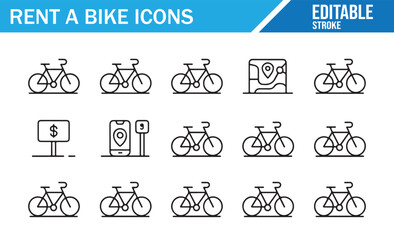 Editable stroke line icons for bike rental service transportation concept