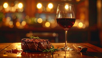 a grilled steak with a sprig of rosemary and a glass of red wine on a wooden table, with a blurred background of lights. The scene evokes a fine dining experience