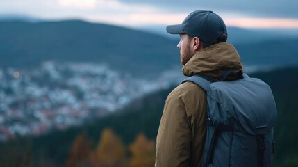Man with Backpack Looking at Landscape