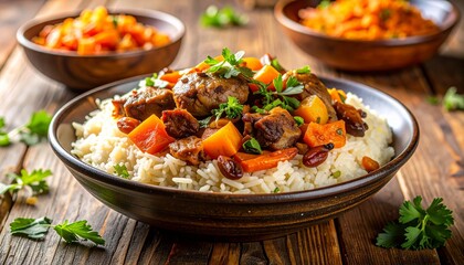 Traditional Uzbek plov, rice dish with tender meat, carrots, and raisins.
