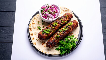Two perfectly grilled seekh kebabs served on flatbread with fresh onions.