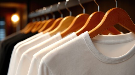 White T-shirts on Wooden Hangers