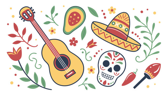 Vector illustration of colorful illustration of mexican cultural elements including a guitar, sombrero, skull, avocado, and chili pepper, set against a