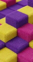 Vibrant furry cubes in purple, yellow, and pink arranged in a geometric pattern