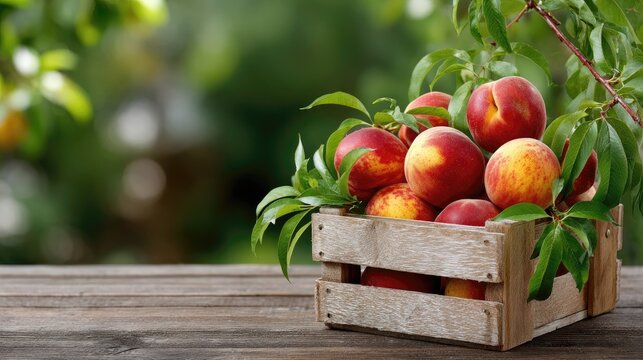 Wooden crate filled with ripe peaches, highlighting their plumpness and vibrant colors against a soft, natural outdoor background