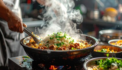 Dynamic shot of a chef cooking delicious, steaming Asian food in a wok.