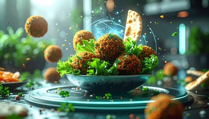 Innovative falafel bowl with levitating elements, fresh greens, and glowing tech aesthetic.