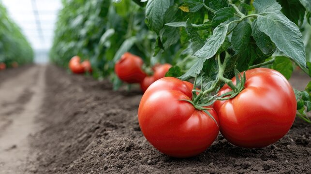 Tomatoes at various ripeness stages grow on vines, emphasizing organic farming and promoting locally sourced eco-friendly food