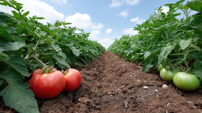Tomatoes at various ripeness stages grow on vines, emphasizing organic farming and promoting locally sourced eco-friendly food