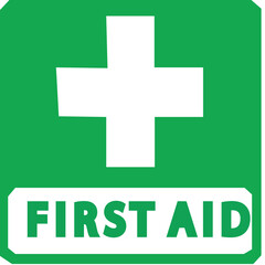 First aid sign vector illustration. Green square with white cross symbol. Emergency medical help icon. Safety first concept.