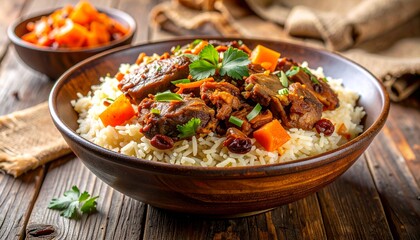 A vibrant, hearty meat and rice pilaf with carrots and cranberries, served in a rustic bowl.