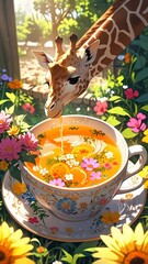 Giraffe drinks tea - Funny animal cartoon style illustration