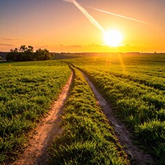 A winding dirt path through lush green fields bathed in golden sunset light. Serene nature.