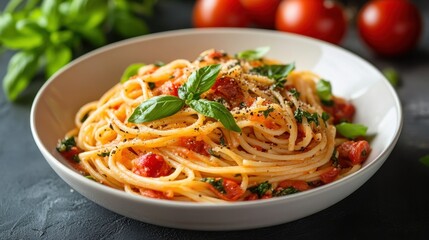 Delicious italian pasta with fresh basil and tomatoes on rustic table