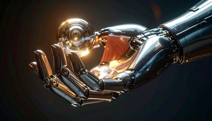 Advanced bionic hand cradling a luminous, complex digital orb.