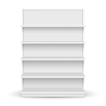 White empty store shelf rack mockup front. front view Product shelves counter design