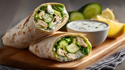 chicken wrap with cucumber and dip