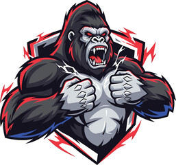 Fierce gorilla mascot screaming with rage displayed on a shield shaped graphic design