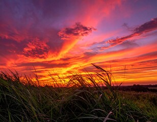 Dramatic sunset with vibrant red and orange clouds over a field of tall grass.