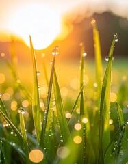 Vibrant green grass with water droplets at sunrise, soft golden bokeh background.