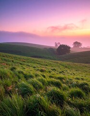 Serene morning landscape with colorful misty sky, green hills, and trees.